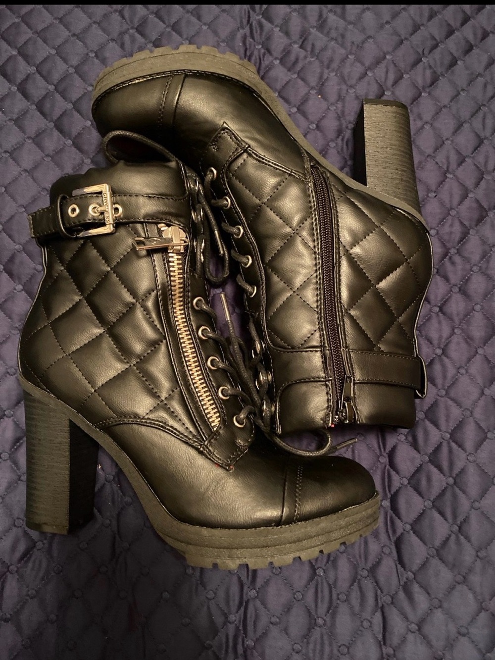 G by Guess Quilted Lace-Up High Heel Ankle Boots - Black
